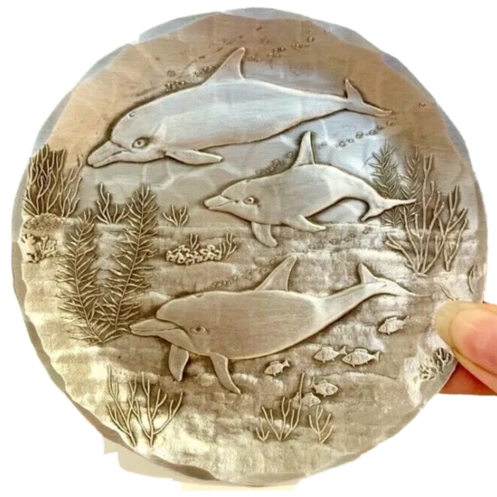 Vintage Wendell August Aluminum Coaster Dolphins Ocean Sea Decorative Plate Cute